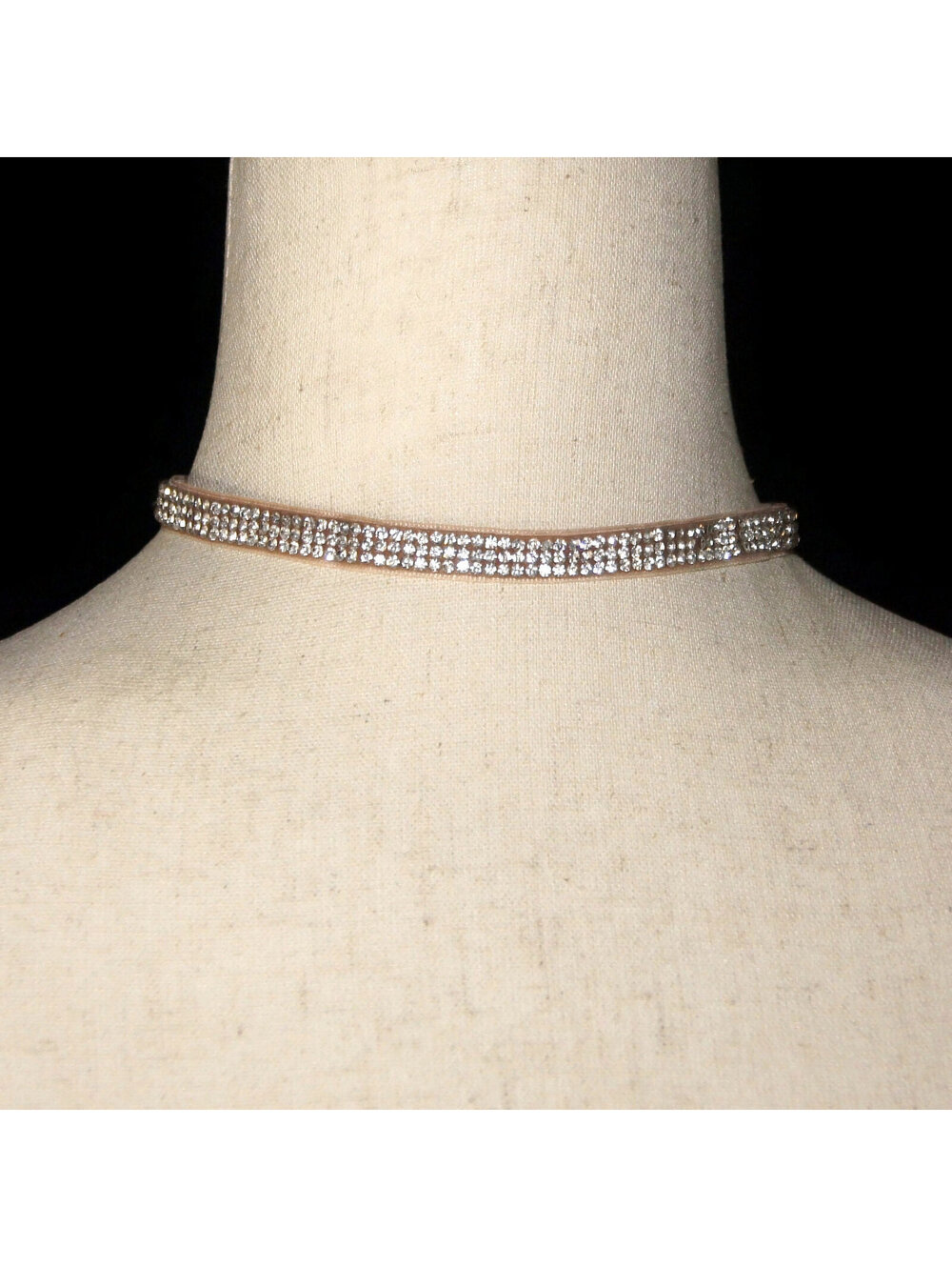 VTG Gold Tone, Off White Ribbon and Clear Rhinestones 12-15" Choker Necklace.